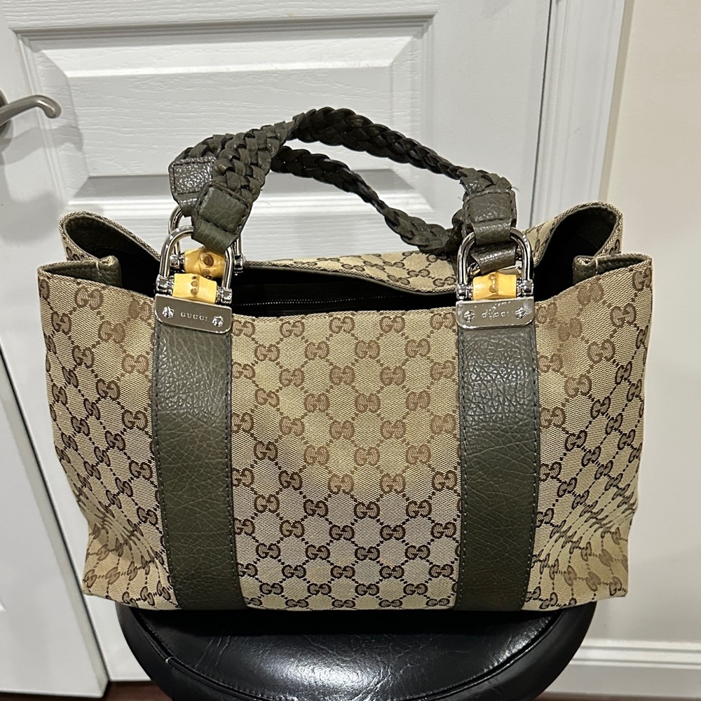 Gucci Beige GG Canvas Satchel with Olive Leather Trim